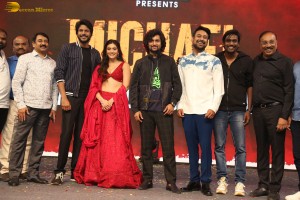 Telugu movie Michael pre-release event attended by Divnaysha Kaushik, Sundeep Kishan, and Nani