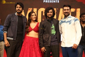 Telugu movie Michael pre-release event attended by Divnaysha Kaushik, Sundeep Kishan, and Nani