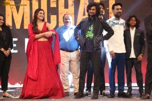 Telugu movie Michael pre-release event attended by Divnaysha Kaushik, Sundeep Kishan, and Nani
