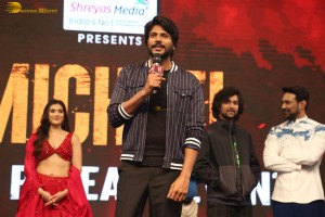 Telugu movie Michael pre-release event attended by Divnaysha Kaushik, Sundeep Kishan, and Nani