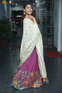 telugu heroine Mokksha in a pink lehenga choli