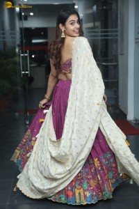 telugu heroine Mokksha in a pink lehenga choli