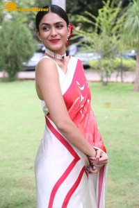 Mrunal Thakur attending a movie function dressed in a saree