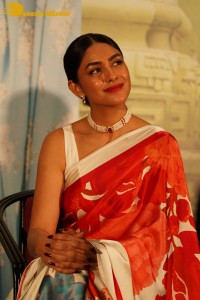 Mrunal Thakur attending a movie function dressed in a saree