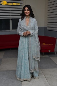 Actress Mrunal Thakur poses for pictures while promoting a movie