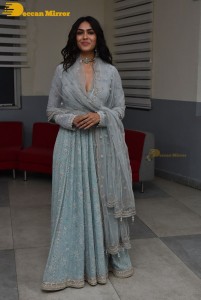 Actress Mrunal Thakur poses for pictures while promoting a movie