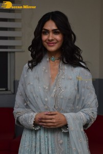Actress Mrunal Thakur poses for pictures while promoting a movie