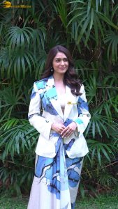 actress Mrunal Thakur gorgeous in a white and blue pant suit