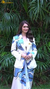 actress Mrunal Thakur gorgeous in a white and blue pant suit