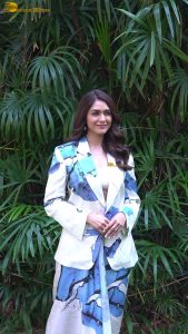actress Mrunal Thakur gorgeous in a white and blue pant suit