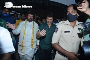 Balakrishna Nandamuri and Boyapati Srinu in Vijayawada to pray at the Temple for Akhanda movie success. Fans throng to see them.