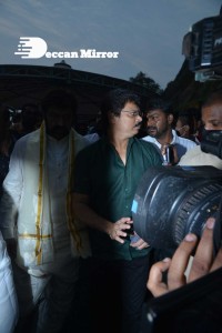 Balakrishna Nandamuri and Boyapati Srinu in Vijayawada to pray at the Temple for Akhanda movie success. Fans throng to see them.