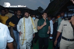 Balakrishna Nandamuri and Boyapati Srinu in Vijayawada to pray at the Temple for Akhanda movie success. Fans throng to see them.
