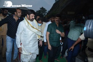 Balakrishna Nandamuri and Boyapati Srinu in Vijayawada to pray at the Temple for Akhanda movie success. Fans throng to see them.