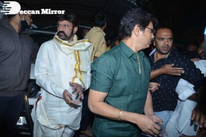 Balakrishna Nandamuri and Boyapati Srinu in Vijayawada to pray at the Temple for Akhanda movie success. Fans throng to see them.