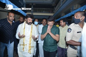 Balakrishna Nandamuri and Boyapati Srinu in Vijayawada to pray at the Temple for Akhanda movie success. Fans throng to see them.