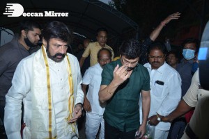 Balakrishna Nandamuri and Boyapati Srinu in Vijayawada to pray at the Temple for Akhanda movie success. Fans throng to see them.