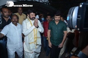 Balakrishna Nandamuri and Boyapati Srinu in Vijayawada to pray at the Temple for Akhanda movie success. Fans throng to see them.