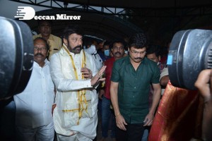 Balakrishna Nandamuri and Boyapati Srinu in Vijayawada to pray at the Temple for Akhanda movie success. Fans throng to see them.