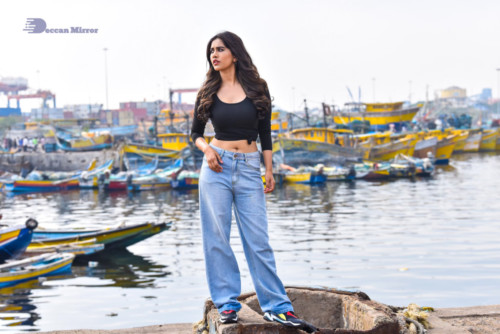 Telugu Actress Nabha Natesh in a black top and blue jeans