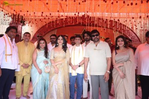 Nagabandham Movie Launch attended by Iswarya Menon, Nabha Natesh, Dil Raju, and Chiranjeevi