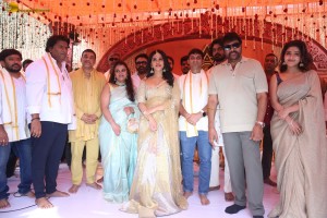 Nagabandham Movie Launch attended by Iswarya Menon, Nabha Natesh, Dil Raju, and Chiranjeevi