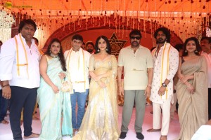 Nagabandham Movie Launch attended by Iswarya Menon, Nabha Natesh, Dil Raju, and Chiranjeevi