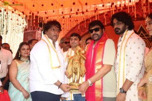 Nagabandham Movie Launch attended by Iswarya Menon, Nabha Natesh, Dil Raju, and Chiranjeevi