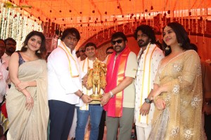 Nagabandham Movie Launch attended by Iswarya Menon, Nabha Natesh, Dil Raju, and Chiranjeevi
