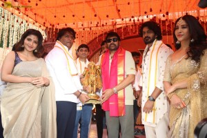 Nagabandham Movie Launch attended by Iswarya Menon, Nabha Natesh, Dil Raju, and Chiranjeevi