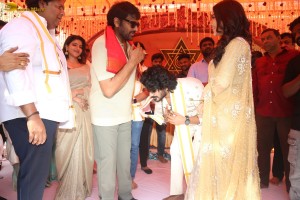 Nagabandham Movie Launch attended by Iswarya Menon, Nabha Natesh, Dil Raju, and Chiranjeevi