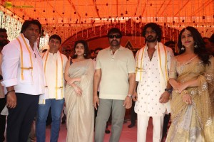 Nagabandham Movie Launch attended by Iswarya Menon, Nabha Natesh, Dil Raju, and Chiranjeevi