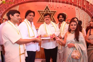 Nagabandham Movie Launch attended by Iswarya Menon, Nabha Natesh, Dil Raju, and Chiranjeevi