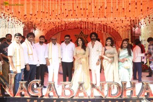Nagabandham Movie Launch attended by Iswarya Menon, Nabha Natesh, Dil Raju, and Chiranjeevi