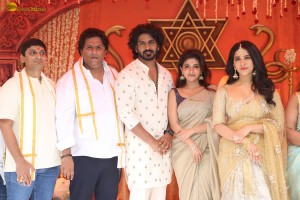 Nagabandham Movie Launch attended by Iswarya Menon, Nabha Natesh, Dil Raju, and Chiranjeevi