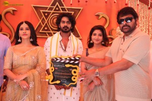 Nagabandham Movie Launch attended by Iswarya Menon, Nabha Natesh, Dil Raju, and Chiranjeevi