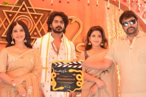 Nagabandham Movie Launch attended by Iswarya Menon, Nabha Natesh, Dil Raju, and Chiranjeevi