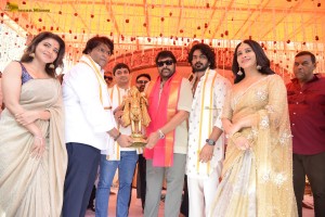 Nagabandham Movie Launch attended by Iswarya Menon, Nabha Natesh, Dil Raju, and Chiranjeevi