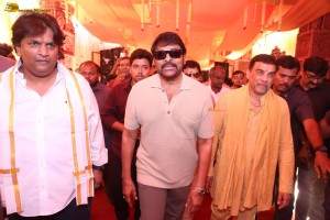 Nagabandham Movie Launch attended by Iswarya Menon, Nabha Natesh, Dil Raju, and Chiranjeevi