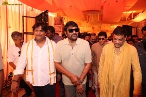 Nagabandham Movie Launch attended by Iswarya Menon, Nabha Natesh, Dil Raju, and Chiranjeevi