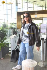 bollywood actress Neha Dhupia fashionable in a leather jacket and sunglasses