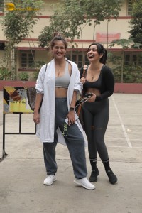 Actress Neha Sharma and her sister Aisha Sharma outside a gym in Mumbai