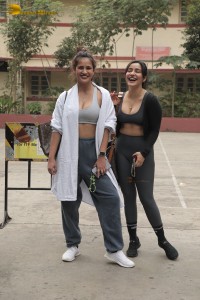 Actress Neha Sharma and her sister Aisha Sharma outside a gym in Mumbai