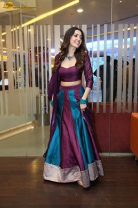 actress neha shetty in a low neck purple blouse