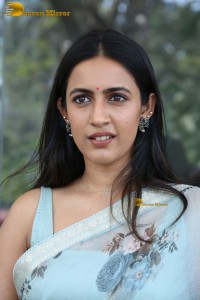 actress and producer Niharika Konidela in a light blue saree