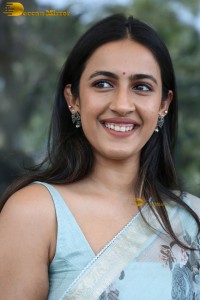 actress and producer Niharika Konidela in a light blue saree