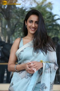 actress and producer Niharika Konidela in a light blue saree