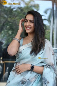 actress and producer Niharika Konidela in a light blue saree