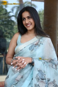 actress and producer Niharika Konidela in a light blue saree