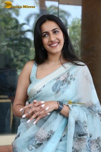 actress and producer Niharika Konidela in a light blue saree